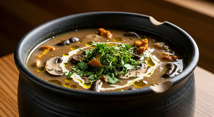 Delicious homemade mushroom soup in a black bowl ready to be served and enjoyed
