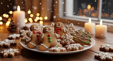 A festive plate of gingerbread cookies, including gingerbread men and Christmas trees, is set on a wooden surface with lit candles and bokeh lights in the background, while snowflakes fall.