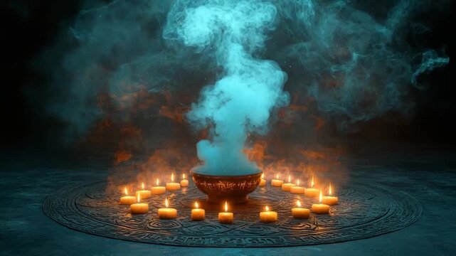 A mystical scene unfolds with a cauldron surrounded by lit candles, enveloped in swirling, teal smoke, creating an enchanting atmosphere.