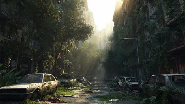 Overgrown Post-Apocalyptic Street with Sunlight Rays