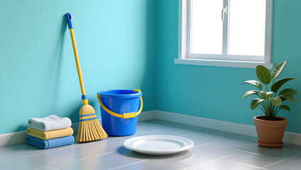 Blue and yellow janitorial tools in a bright room