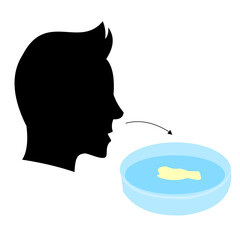 Illustration of a person taking a sputum test sample into a container, for diagnosing lung-related diseases, flat art design style.
