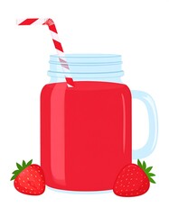 A vibrant illustration of a mason jar filled with red liquid, a striped straw, and two fresh strawberries