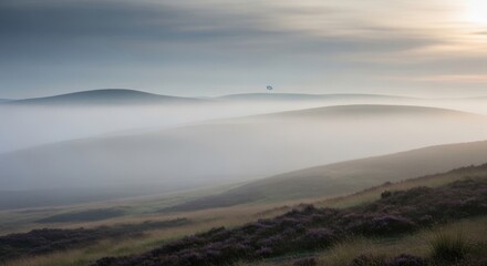 Scenic misty hills at sunrise with scottish flag for st. andrew’s day celebration poster