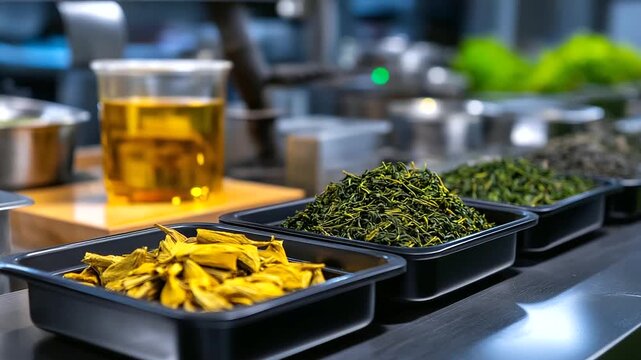 Tea blending concept — fresh botanical ingredients prepared in metal trays, blurred mechanical processing line in background, with copy space.