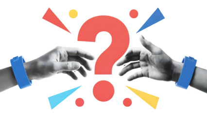 Two hands reaching towards a large red question mark surrounded by colorful shapes on transparent background