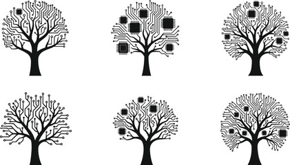 Circuit tree illustration with microchip branches, futuristic technology nature fusion, digital ecosystem growth, eco innovation, artificial intelligence, sustainability, electronic design
