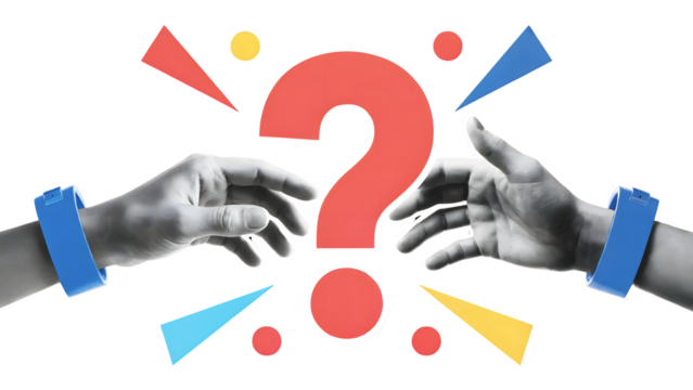 Two hands reaching towards a large red question mark surrounded by colorful shapes on transparent background