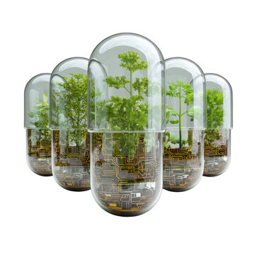 Futuristic Capsules with Plants and Technology Elements Inside isolated on transparent background.
