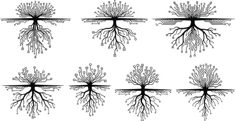 Abstract circuit tree illustration with digital roots, futuristic technology nature concept, electronic network growth, eco innovation, artificial intelligence, sustainability design