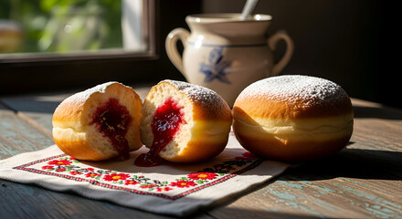 Delicious fresh jelly donuts with powdered sugar on a table setting ready to eat
