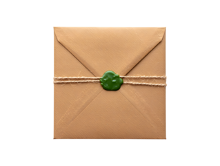 Rustic brown paper envelope sealed with green wax and tied with twine on a black background