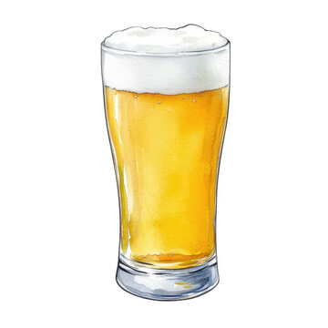 Hand-drawn watercolor illustration of a frosty beer glass with foam isolated on transparent background.