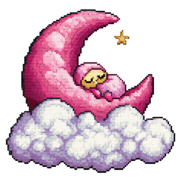 Dreamy Pink Moon and Cloud with Sleeping Character Illustration isolated on transparent background.