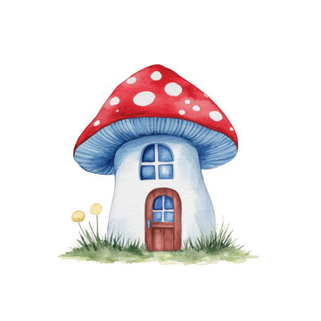 Whimsical Watercolor Mushroom House Surrounded by Green Grass isolated on transparent background.
