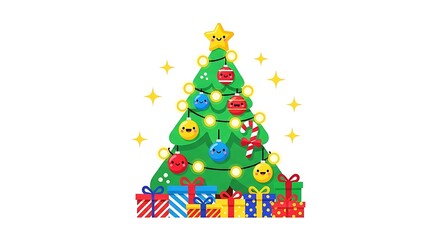 Naklejka premium Whimsical christmas tree decorated with festive ornaments and gifts below on white background with sparkles