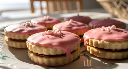Delicious frosted cookies with pink icing and sweet decorations on a white plate