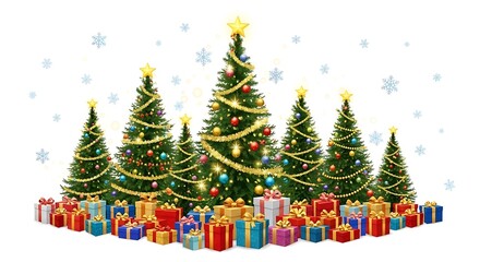 A festive collection of beautifully decorated christmas trees adorned with twinkling lights and surrounded by a bounty of colorful wrapped presents