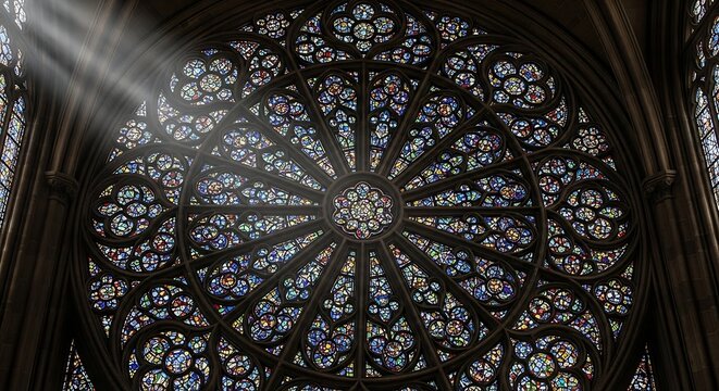 Intricate stained glass rose window in a cathedral with light rays streaming through