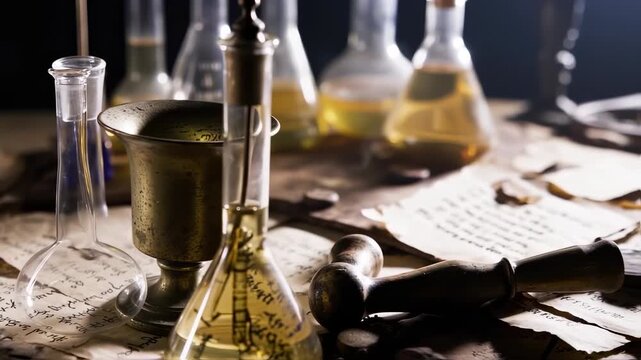 A still life of antique lab equipment, including flasks, a mortar, and papers with script