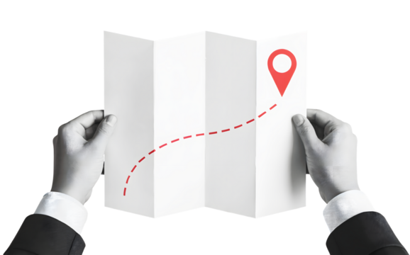 Person holding folded paper with red dotted line leading to a location pin icon at the end point on transparent background