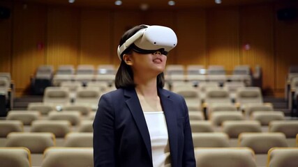 Immersive Learning: Woman Exploring VR in Auditorium