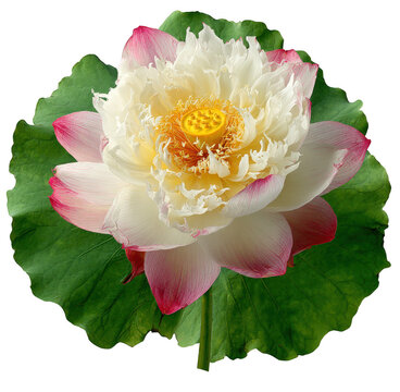 Elegant Lotus Flower with White Petals and Green Leaves in Bloom isolated on transparent background.
