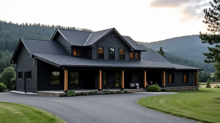 Naklejka premium Modern black house situated in scenic mountain landscape during evening hours with warm lights glowing from windows