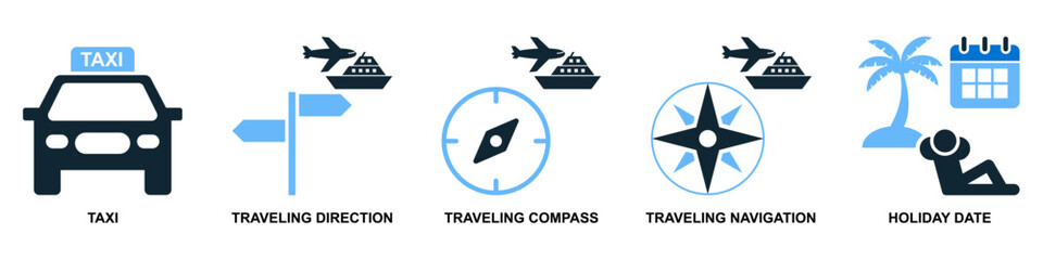 Set travel icon vector. Ideal for tourism, trip planning, and vacation themes. This graphic set is perfect for representing various travel elements for apps, websites, or brochures.   © Xharites