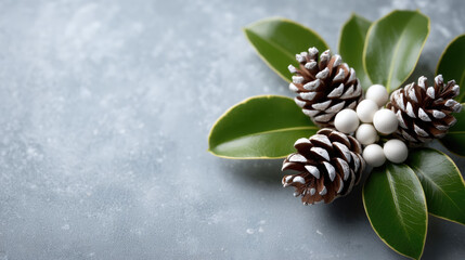 Pine cone green leaf white berry frosted winter minimal flat lay holiday decoration nature create calm seasonal scene