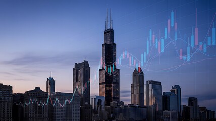 Modern city skyline with digital financial chart overlay showing business growth and economy