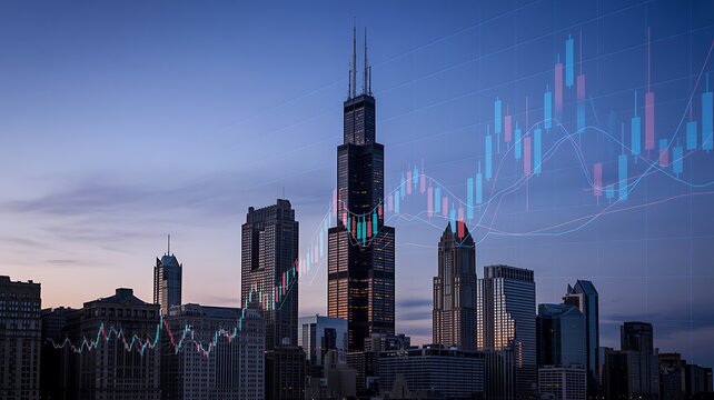 Modern city skyline with digital financial chart overlay showing business growth and economy
