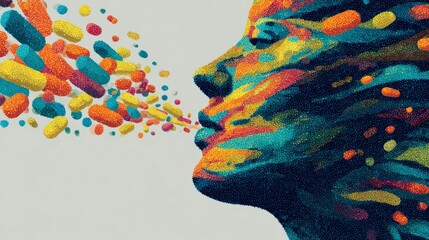 A person's face with a spectrum of vibrant medicine emanating, evoking the complexity of mental state and healthcare ..Created with Generative AI, not depicting real subjects.