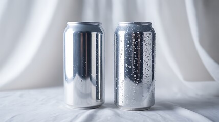 Two silver aluminum cans on white fabric background for beverage packaging concept
