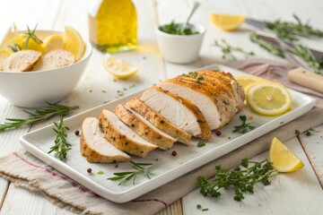 Sliced golden roasted turkey breast arranged on a white plate