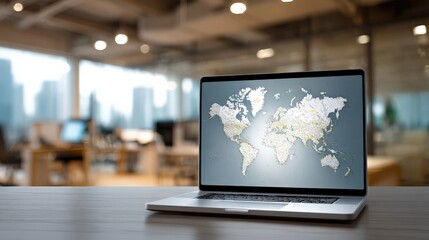 A laptop showcasing a world map sits on a sleek desk, in a blurry office setting, symbolizing global reach and connectivity. ..Created with Generative AI, not depicting real subjects.