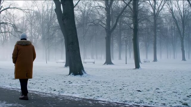A person, clad in coat, stands on a path in a snow-covered park, looking at foggy woods