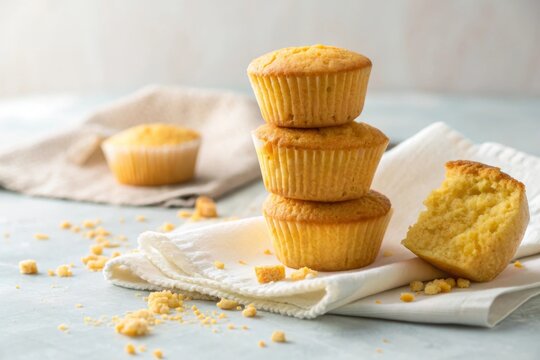 Stack of golden cornbread muffins on white napkin