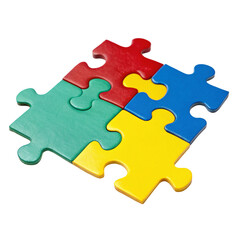 Fototapeta premium Four colorful puzzle pieces, red, yellow, blue, and green, interlocked together, isolated on a transparent background