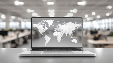 A close-up view of a sleek laptop displays a detailed map of the world, symbolizing global connectivity and international collaboration. ..Created with Generative AI, not depicting real subjects.
