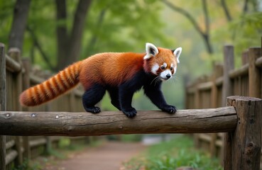 Red panda walks on wooden fence in park, has black legs and bushy tail with rings. Cute wild mammal explores forest, eats bamboo. Animal conservation theme.