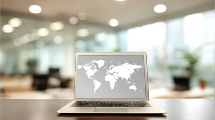 An open laptop displays a world map, positioned on a wooden desk with a blurred office background. ..Created with Generative AI, not depicting real subjects.