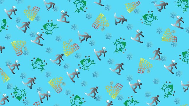 Seamless winter sports animation pattern with snowboarders, snowmen, snowflakes, and Christmas gifts on blue background, perfect for holiday and festive designs.
