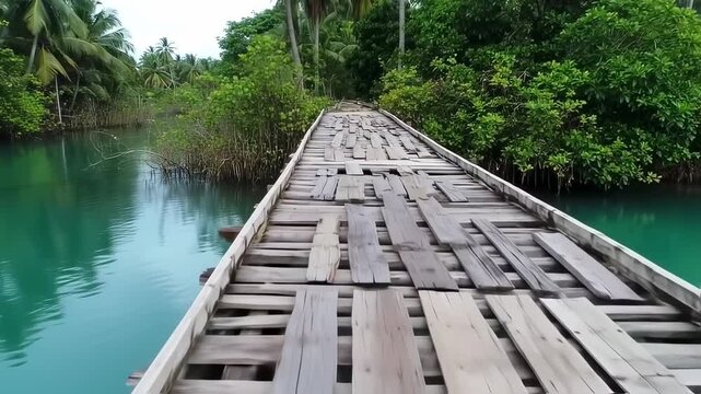 A rickety wooden bridge crosses turquoise water surrounded by lush green foliage and palm trees