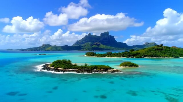 Tropical island scene with turquoise waters, islets, lush greenery, and a towering mountain