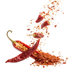 Dried red chili peppers exploding and scattering, isolated on transparent background