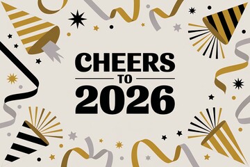 Cheers to 2026 New Year celebration graphic with festive party elements.