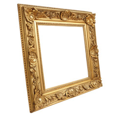 Ornate golden picture frame with intricate carvings, isolated on transparent background