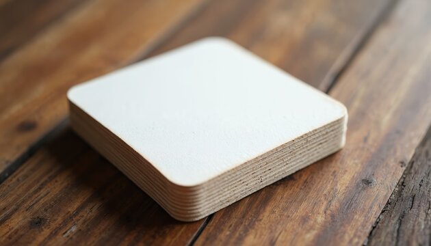 A stack of blank white square coasters sits on a rustic wooden table. These plain paperboard mats are ready for custom branding, drink service, or surface protection. Good for home, bar, or cafe.