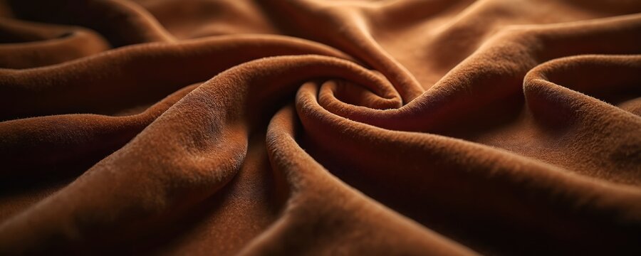 Brown soft velvet fabric with rich texture creates elegant drapes, beautiful waves. Material forms swirling pattern in center. Luxury textile background ideal for design, fashion, home decor